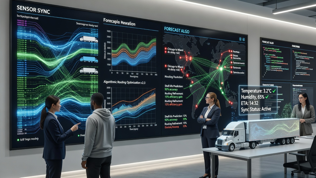 Data visualization dashboard displaying synchronized sensor feeds and algorithmic route recommendations for international perishable shipments